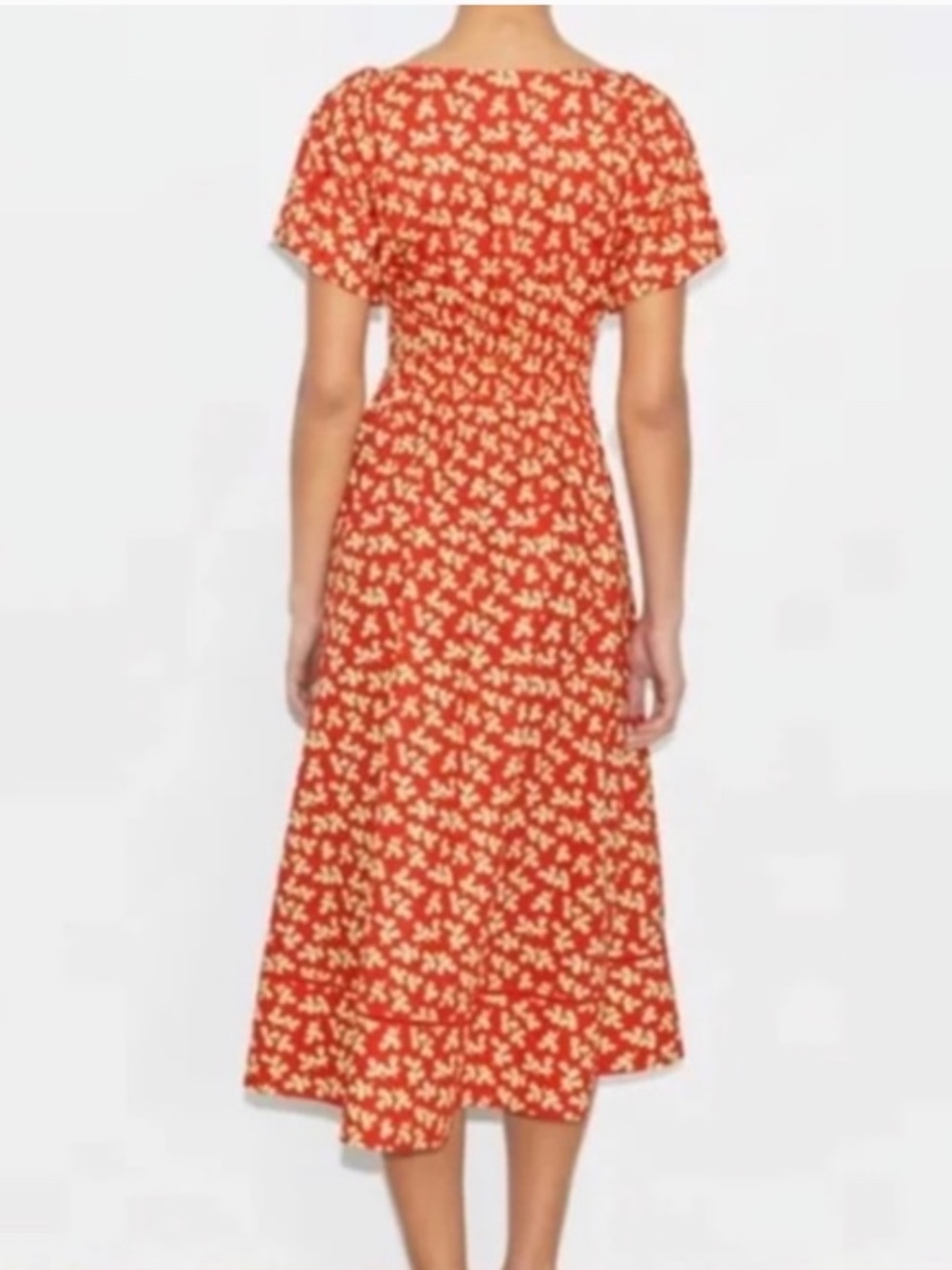 Tory Burch Red Floral Little Leaves Smocked Midi Dress Pockets Size 2 NWOT - Picture 4 of 9